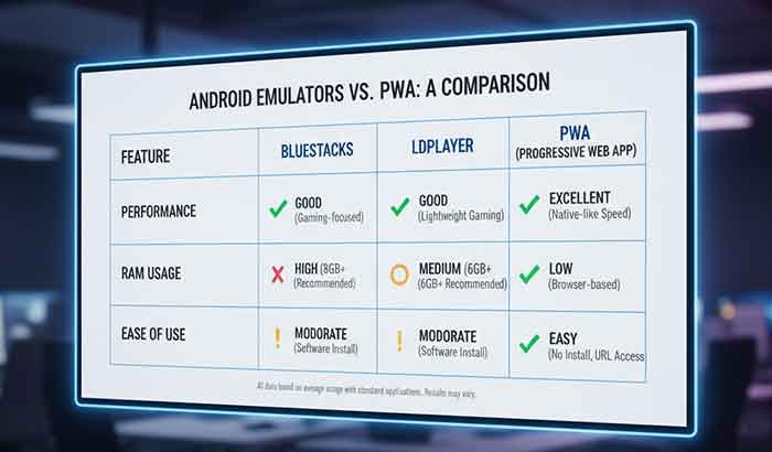 BlueStacks, LDPlayer, and PWA performance, RAM usage, and ease of use.